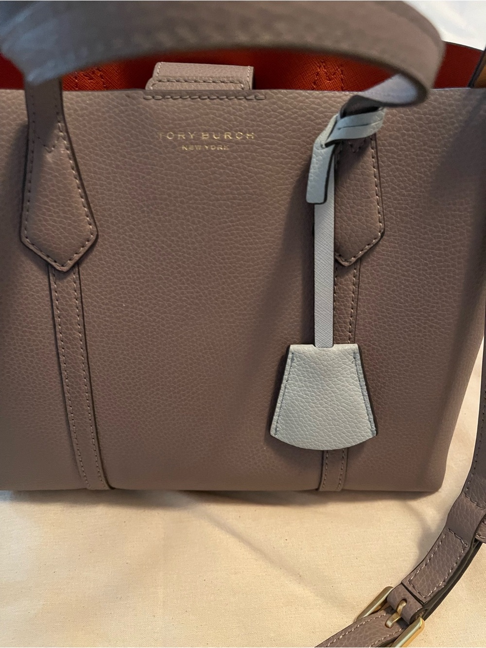 Tory Burch Mauve Pebbled Leather Shoulder Bag with Light Gray Tag